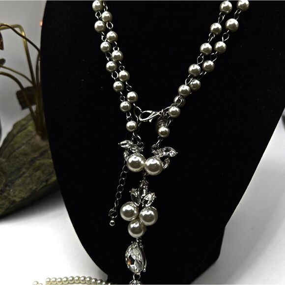 "5/$25" Charming Charlie Long Faux Pearl Rhinestone Tassel Adjustable Necklace - Picture 5 of 7